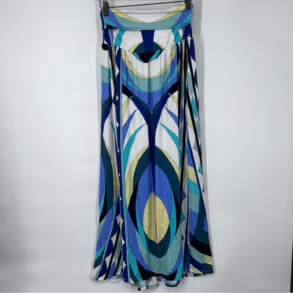 Emilio Pucci Blue Yellow Abstract Fold Over Twist Waist Stretch Maxi Skirt - Picture 7 of 11